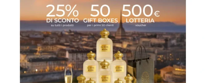 Locandina del My Geisha Torino al Lingotto con prodotti esposti, promozioni apertura, gift box e vista panoramica della città.