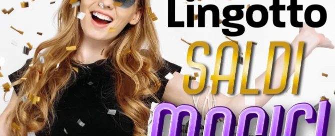 Ragazza con capelli lunghi festeggia i saldi magici del Lingotto Torino, sacchetti shopping e coriandoli sullo sfondo.